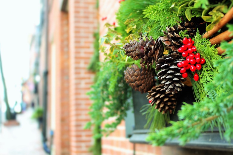 Holiday wreath hanging on a door