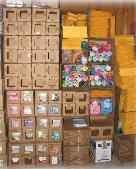 Organized shelf with craft supplies