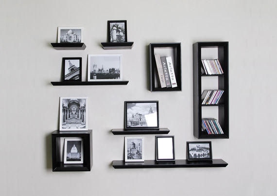 Shelves with hanging pictures